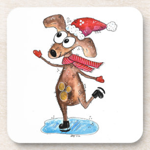 Dessous-de-verre Chien de Noël Whimsical sur patins à glace