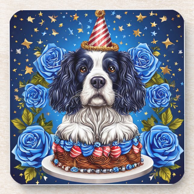 Dessous-de-verre Chien Espagnol Célébrant Anniversaire Avec Casquet (Devant)