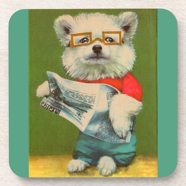 Dessous-de-verre chiot lisant l'imprimé du journal (Devant)