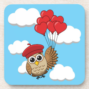 Dessous-de-verre Chouette mignonne volant avec des ballons de coeur