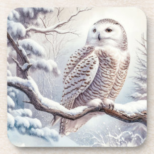 Dessous-de-verre Chouette neige aquarelle