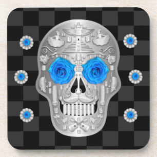 Dessous-de-verre Chrome Calavera (Rose bleu) Beverage Coaster
