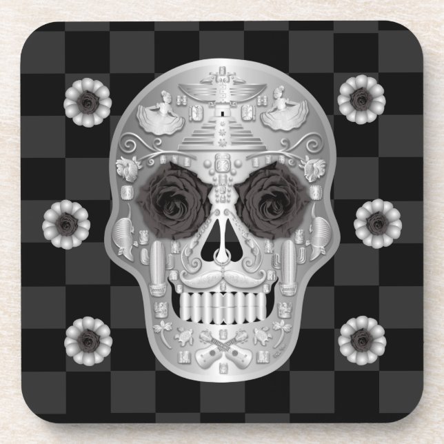 Dessous-de-verre Chrome Calavera (Rose noir) Beverage Coaster (Devant)