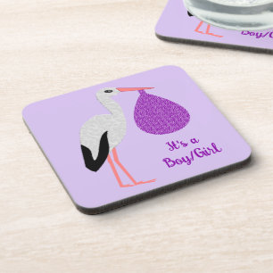 Dessous-de-verre Cigogne bébé personnalisée de genre neutre violet