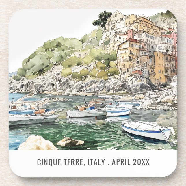 Dessous-de-verre Cinque Terre Italie Mer Aquarelle Voyage italien (Devant)