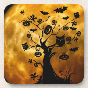 Dessous-de-verre Citrouille, chauve-souris, hibou et lune orange