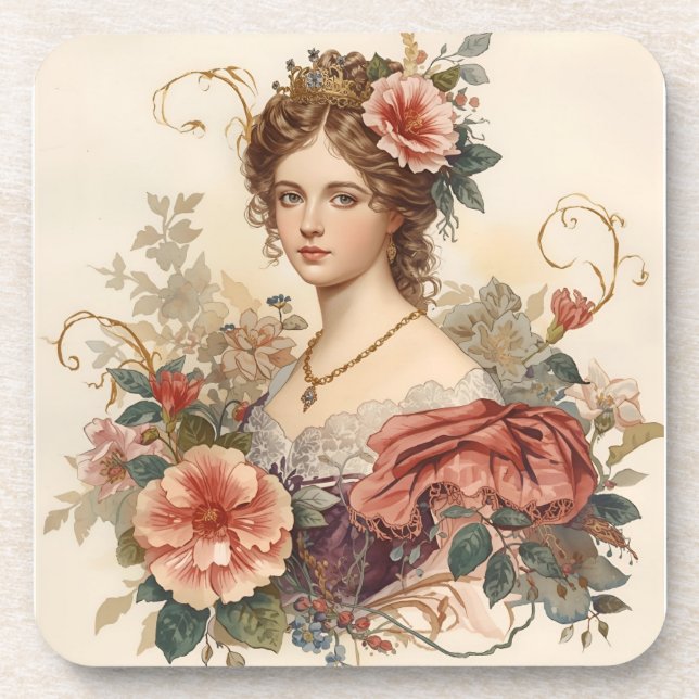 Dessous-de-verre Classique, Belle Noble Femme avec Ornement Rose (Devant)