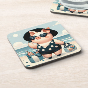 Dessous-de-verre Cochon mignon en maillot de bain Polka Dot à la pl