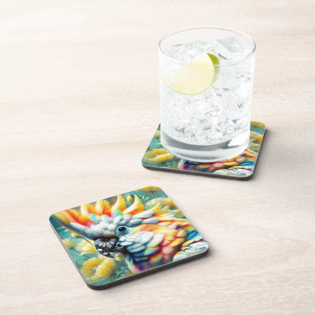 Dessous-de-verre Cockatoo Whimsal Oiseau Pépites jaunes Floral (Côté Droit)