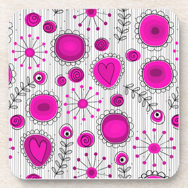 Dessous-de-verre Coeurs blancs Whimsical rose chaud et fleurs flora (Devant)