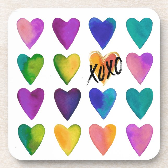 Dessous-de-verre Coeurs d'aquarelle vibrants et XOXO (Devant)