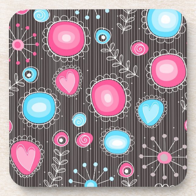 Dessous-de-verre Coeurs et fleurs rose et bleu Whimsical (Devant)