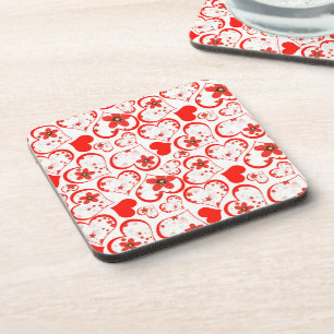 Dessous-de-verre Cœurs rouges et fleurs sur fond blanc