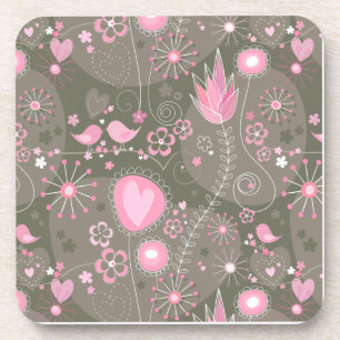 Dessous-de-verre Coeurs Whimsical rose et gris, oiseaux et fleurs