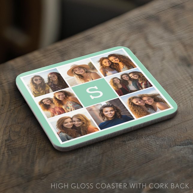 Dessous-de-verre Collage photo Monogramme personnalisé Vert menthe (Custom Photo Collage Coaster)
