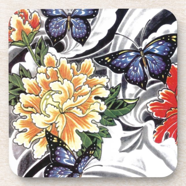 Dessous-de-verre Conception de tatouage de pivoine jaune et papillo (Devant)