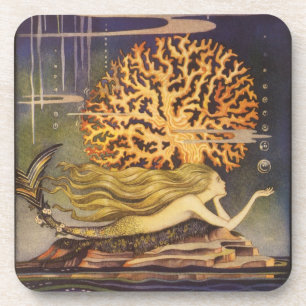 Dessous-de-verre Conte de fée vintage, petite sirène dans le corail