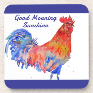 Dessous-de-verre Coq Aquarelle Rouge Bleu Poulet Soleil