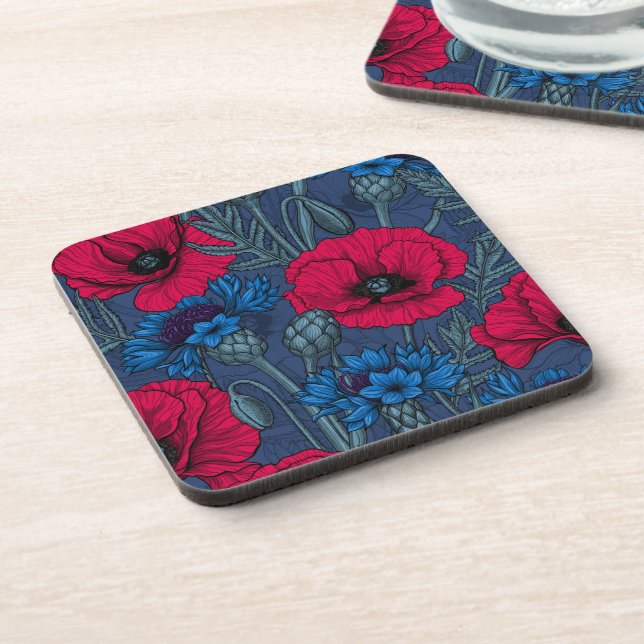 Dessous-de-verre Coquelicots rouges et fleurs bleues sur bleu (Côté gauche)