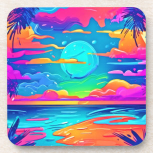 Dessous-de-verre Coucher de soleil néon vibrant sur les vagues de l