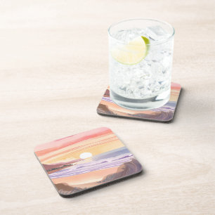 Dessous-de-verre Coucher de soleil sur la mer rose Peinture aquar