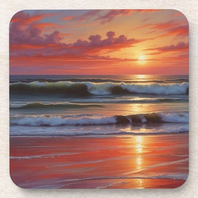 Dessous-de-verre Coucher Rouge Océan Peinture de paysage marin (Devant)