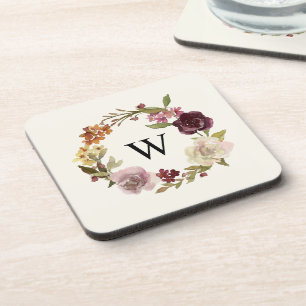 Dessous-de-verre Couronne de monogramme en aquarelle florale beige