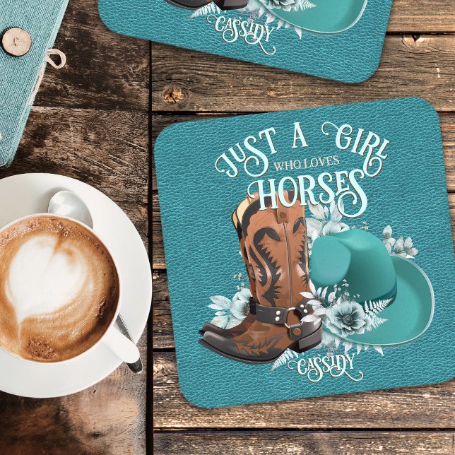 Dessous-de-verre Cowgirl citation turquoise cuir cowboy bottes chap (Cowgirl quote turquoise leather cowboy boots hat beverage coaster)