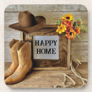Dessous-de-verre Cowgirl Cowboy Style Maison Heureuse Avec Bottes D