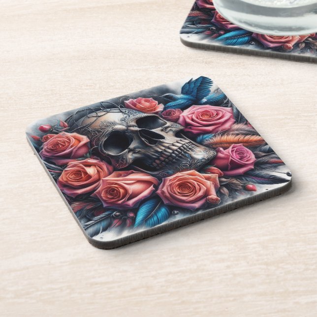 Dessous-de-verre Crâne avec Roses et Bluebird (Côté gauche)