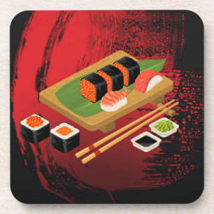 Dessous-de-verre Cuisinier Sushi Noir Et Rouge Élégant Moderne Chic