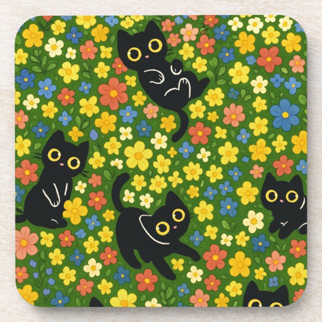 Dessous-de-verre Cute Black Cats Floral Meadow Pattern (Devant)