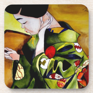 Dessous-de-verre Cute Geisha with green kimono original art
