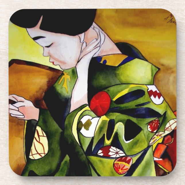 Dessous-de-verre Cute Geisha with green kimono original art (Devant)
