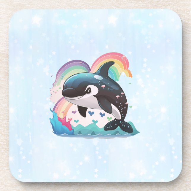 Dessous-de-verre Cute Kawaii Orca Killer Whale Rainbows Papillons (Devant)