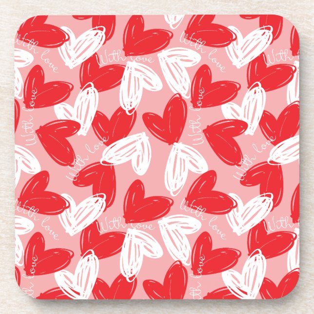 Dessous-de-verre Cute motif moderne rouge et blanc coeurs (Devant)