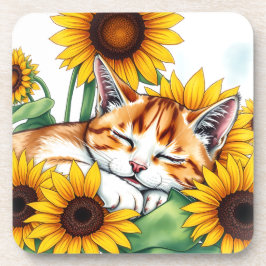 Dessous-de-verre Cute Napping Kitten and Sunflowers