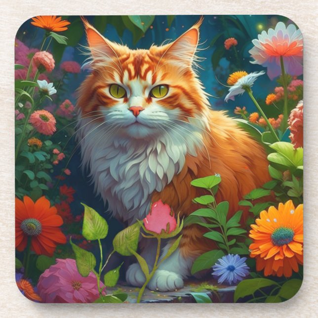 Dessous-de-verre Cute Orange Chat en Fleurs (Devant)
