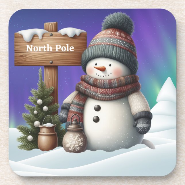 Dessous-de-verre Cute snowman on North Pole with northern lights (Devant)
