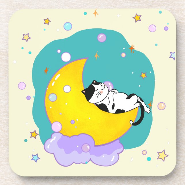 Dessous-de-verre Cute Tuxedo Kitty Chat Dormir Sur La Lune (Devant)