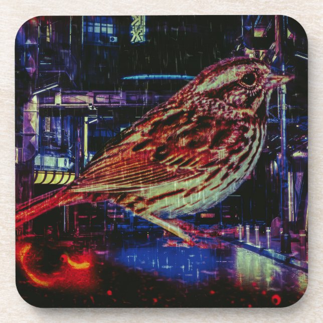 Dessous-de-verre Cyberpunk Sparrow dans Neon Cityscape (Devant)