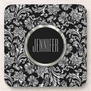 Dessous-de-verre Damas d'argent noir et métallique