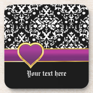 Dessous-de-verre Damas noir blanc avec bande violette et coeur
