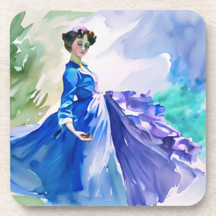 Dessous-de-verre Dame en Robe Bleue - Peinture aquarelle