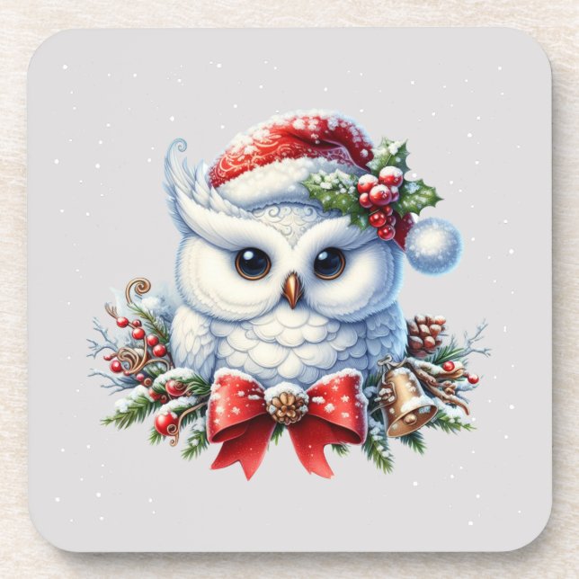 Dessous de verre de hibou de Noël blanc neige (Devant)