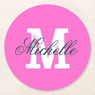 Dessous de verre de papier rond monogramme rose pe