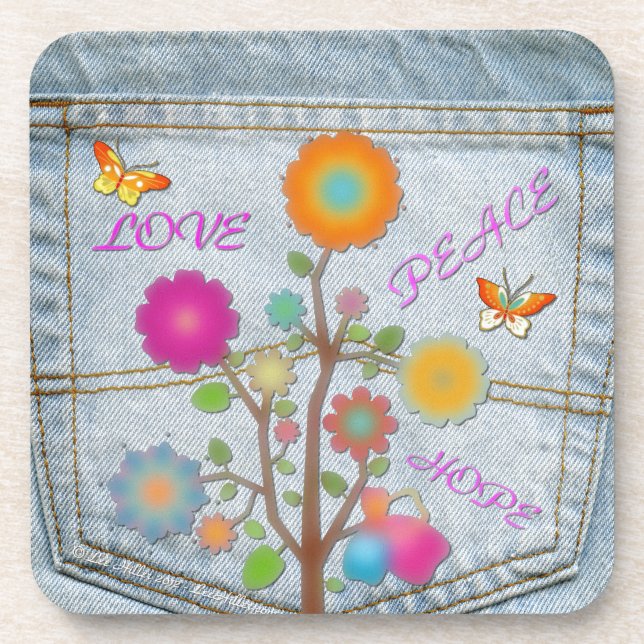 Dessous-de-verre Denim Back Fleurs de poche Paix Aimer Espoir (Devant)