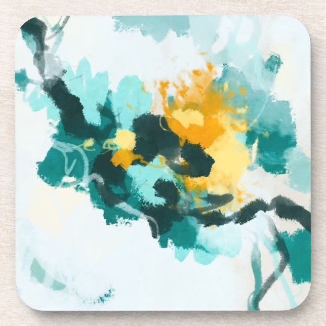 Dessous-de-verre Design Abstrait moderne Turquoise et Jaune peint (Devant)