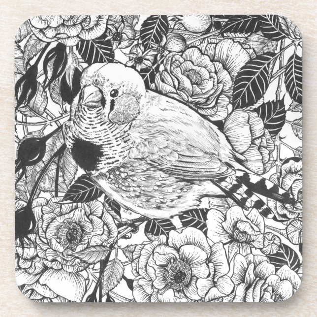 Dessous-de-verre Dessin à encre de buisson Zebra et rose (Devant)