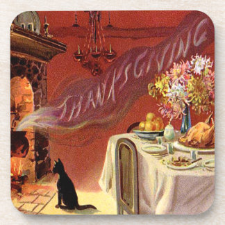 Dessous-de-verre Dîner de Thanksgiving Chat Noir Cheminée Dinde